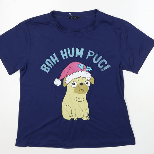 M&Co Girls Blue Polyester Basic T-Shirt Size 11-12 Years Round Neck Pullover - Bah Hum Pug!