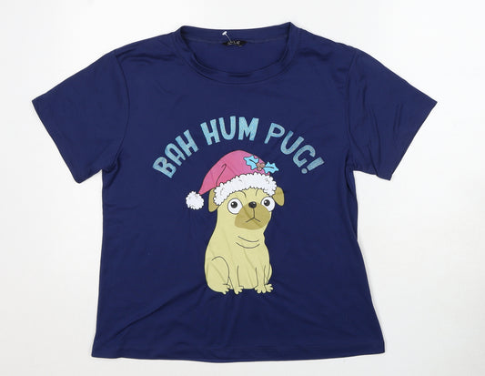 M&Co Girls Blue Polyester Basic T-Shirt Size 11-12 Years Round Neck Pullover - Bah Hum Pug!