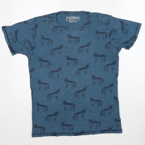 Pull&Bear Mens Blue Geometric Cotton T-Shirt Size M Round Neck - Wolf