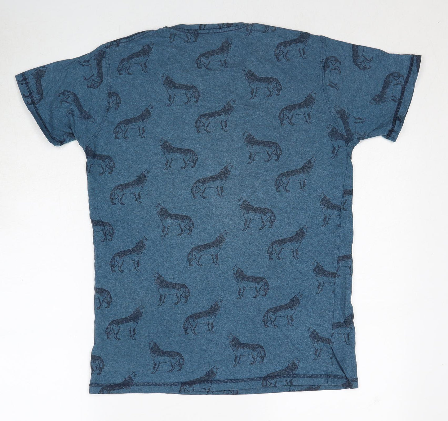 Pull&Bear Mens Blue Geometric Cotton T-Shirt Size M Round Neck - Wolf