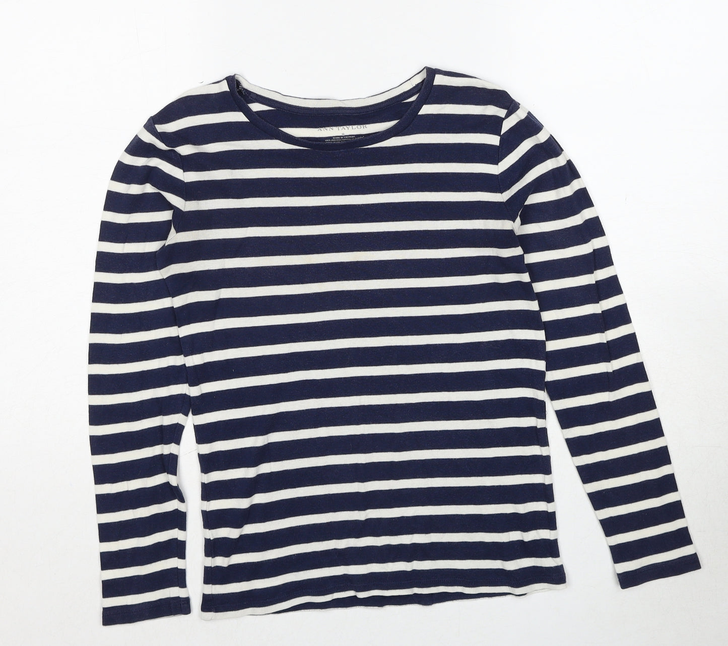 Ann Taylor Womens Blue Striped Cotton Basic T-Shirt Size S Round Neck