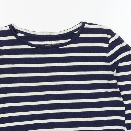 Ann Taylor Womens Blue Striped Cotton Basic T-Shirt Size S Round Neck