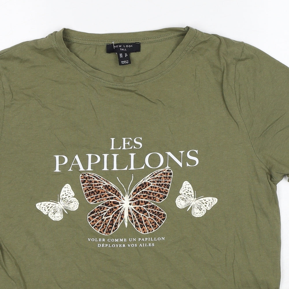 New Look Womens Green Cotton Basic T-Shirt Size 12 Round Neck - Butterfly Print
