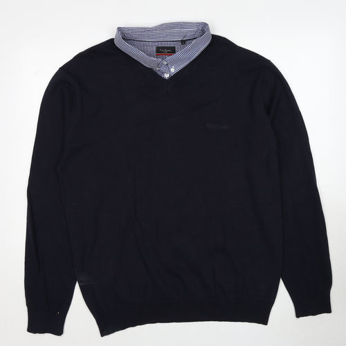 Pierre Cardin Mens Blue Collared Cotton Pullover Jumper Size L Long Sleeve - Shirt Insert