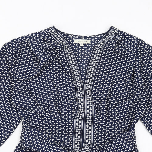 Max Studio Womens Blue Polka Dot Polyester Basic Blouse Size S V-Neck - Tie Front Detail