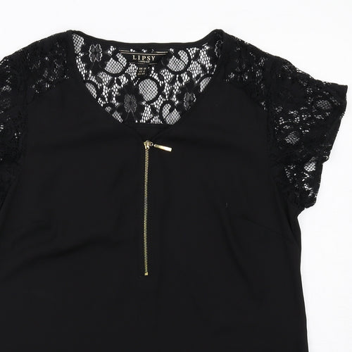 Lipsy Womens Black Polyester Basic T-Shirt Size 14 Round Neck - Lace detail