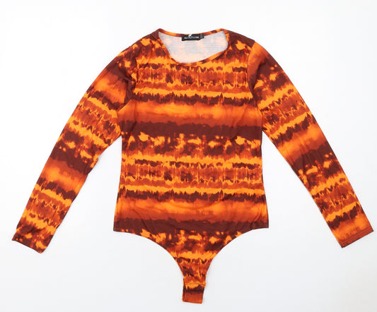 PRETTYLITTLETHING Womens Orange Geometric Polyester Bodysuit One-Piece Size 12 Snap