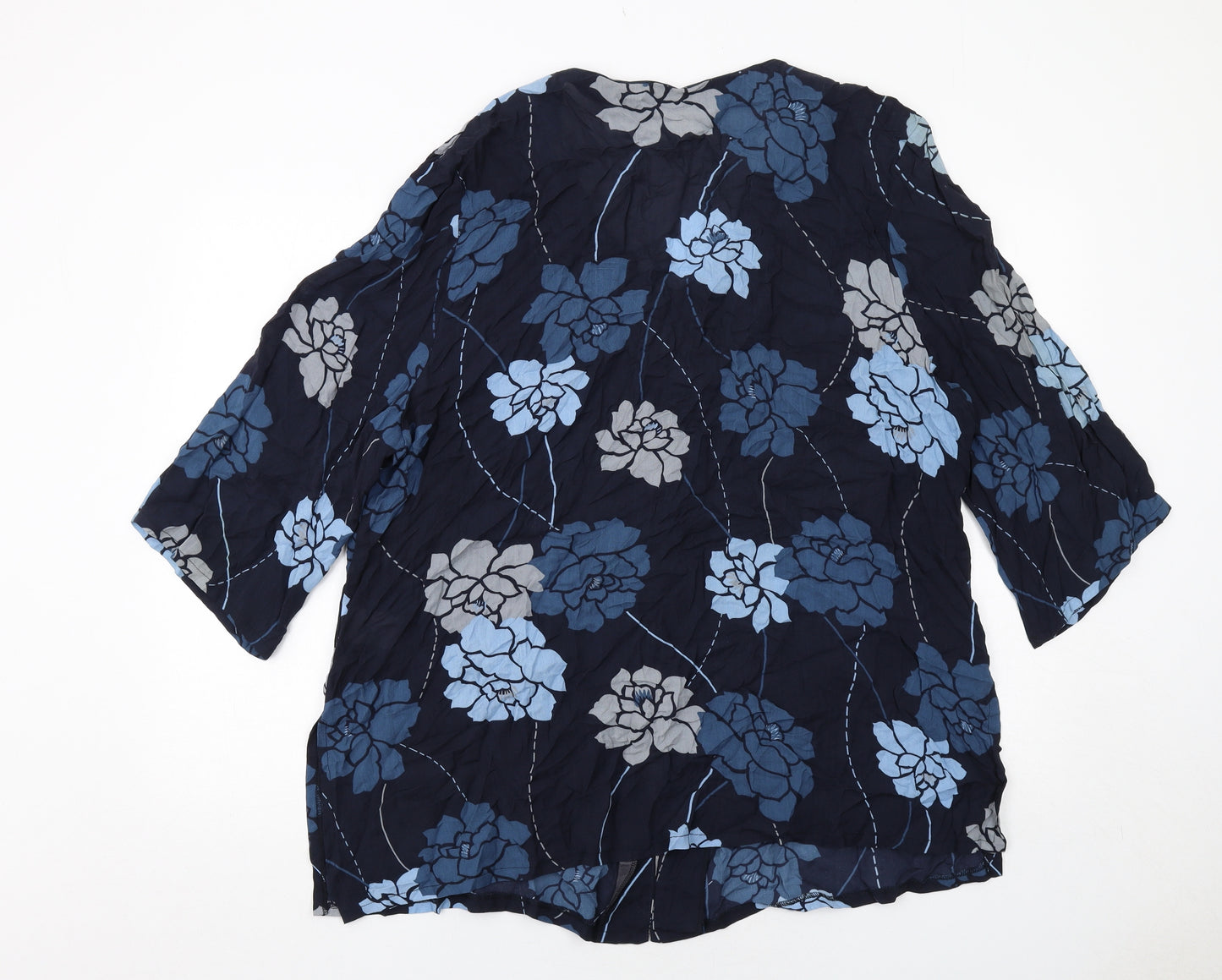 Ann Harvey Womens Blue Floral Viscose Basic Button-Up Size 22 V-Neck
