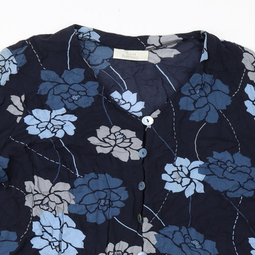 Ann Harvey Womens Blue Floral Viscose Basic Button-Up Size 22 V-Neck