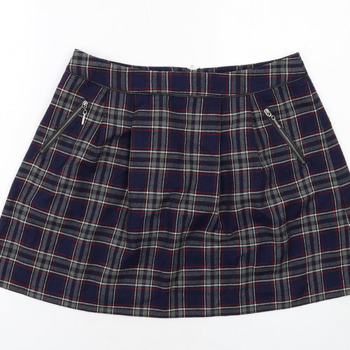 Oasis Womens Blue Plaid Polyester A-Line Skirt Size 12 Zip