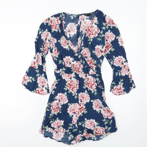 Topshop Womens Blue Floral Viscose Playsuit One-Piece Size 6 Zip