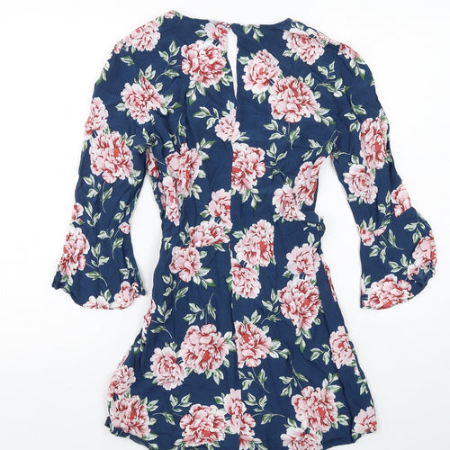 Topshop Womens Blue Floral Viscose Playsuit One-Piece Size 6 Zip