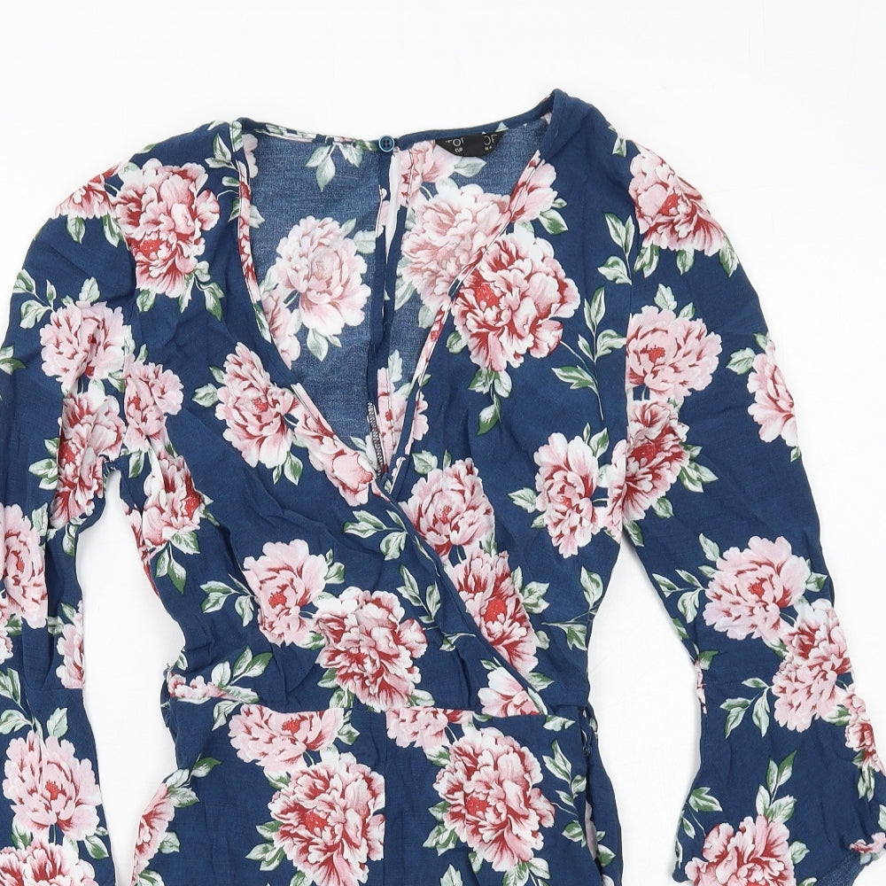 Topshop Womens Blue Floral Viscose Playsuit One-Piece Size 6 Zip