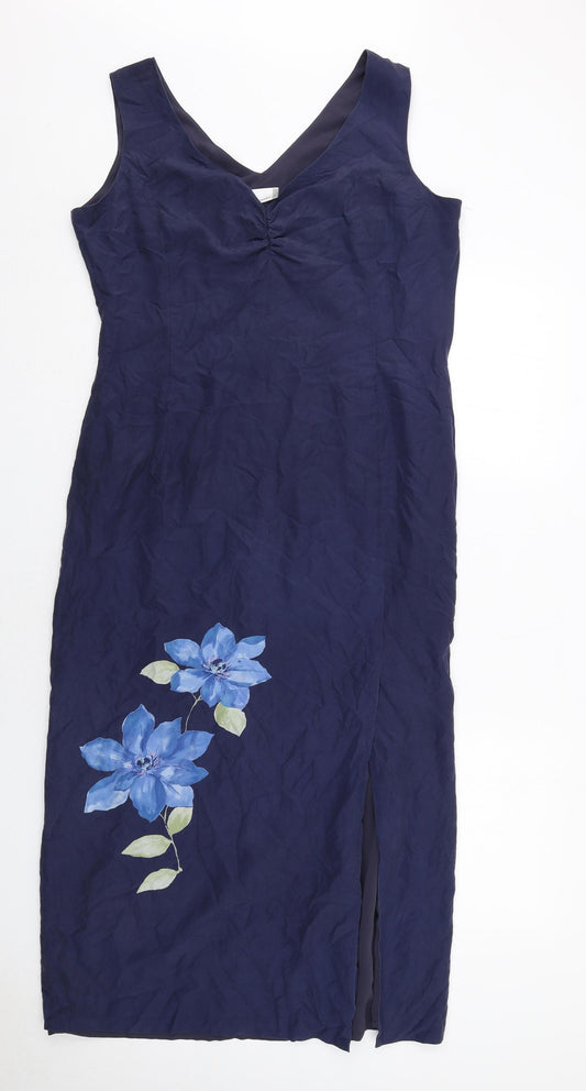 Country Casuals Womens Blue Floral Silk A-Line Size 14 V-Neck Zip