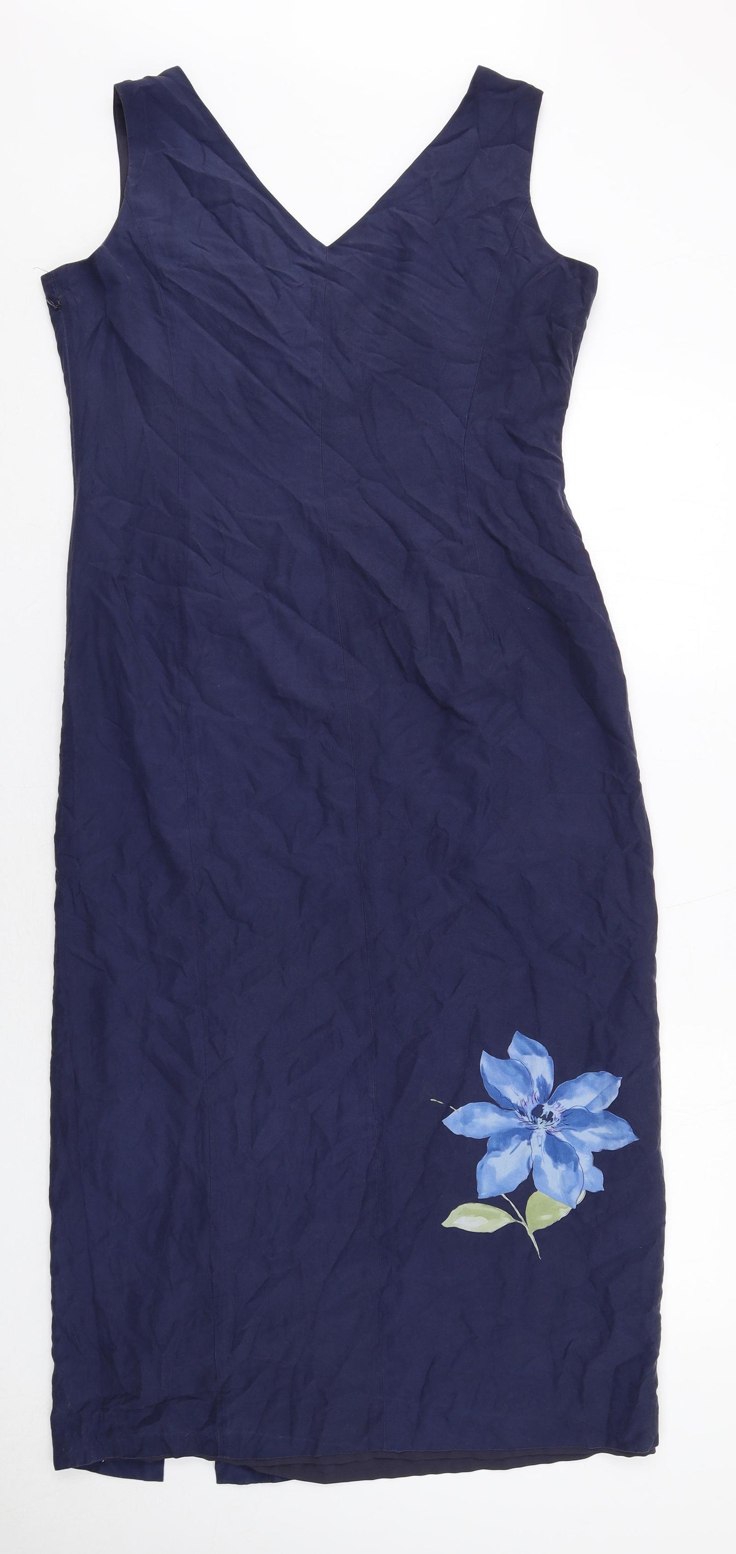 Country Casuals Womens Blue Floral Silk A-Line Size 14 V-Neck Zip
