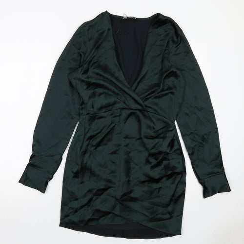 Zara Womens Green Polyester A-Line Size M V-Neck Zip