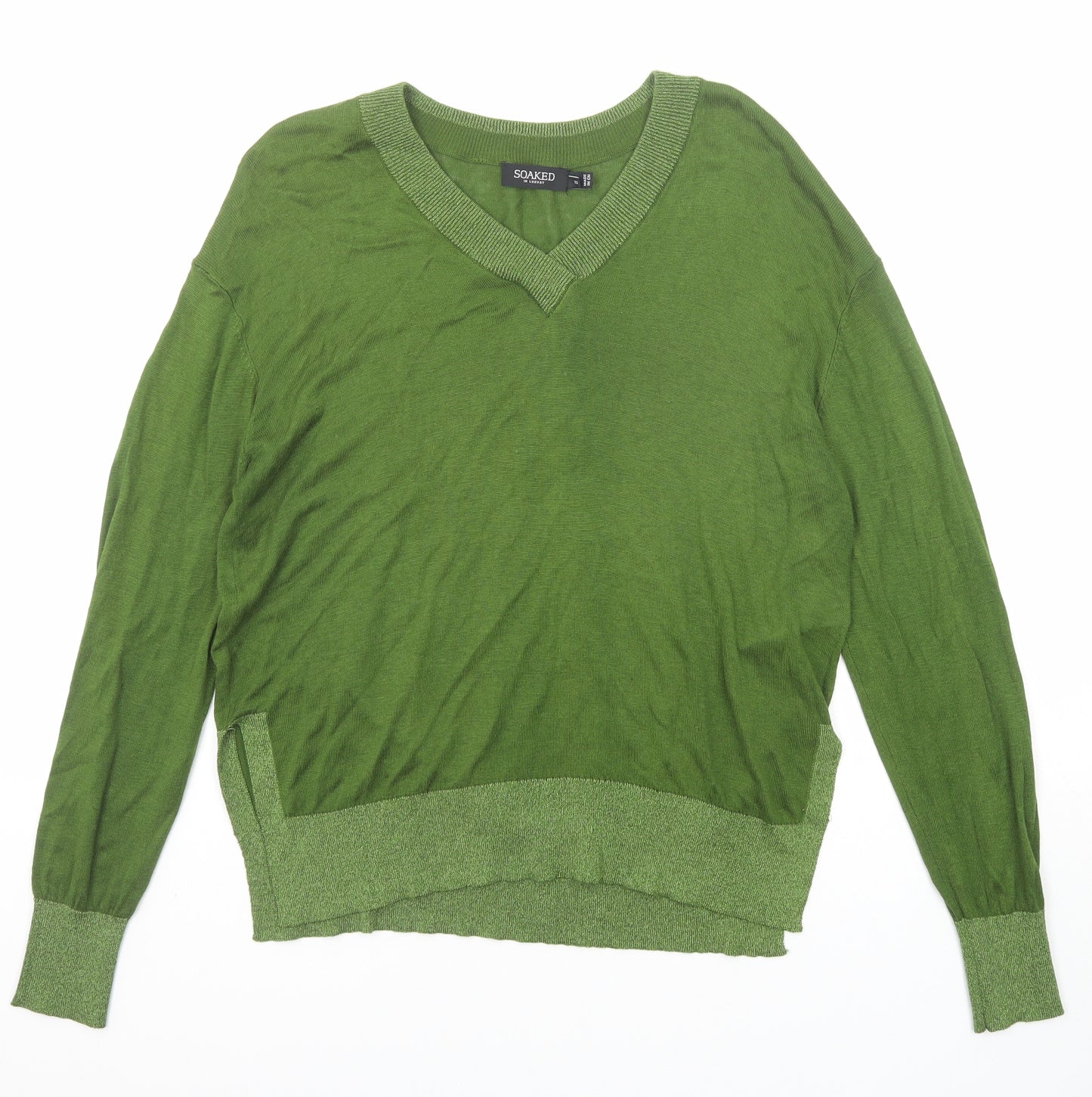 Soaked in Luxury Womens Green V-Neck Viscose Pullover Jumper Size XS