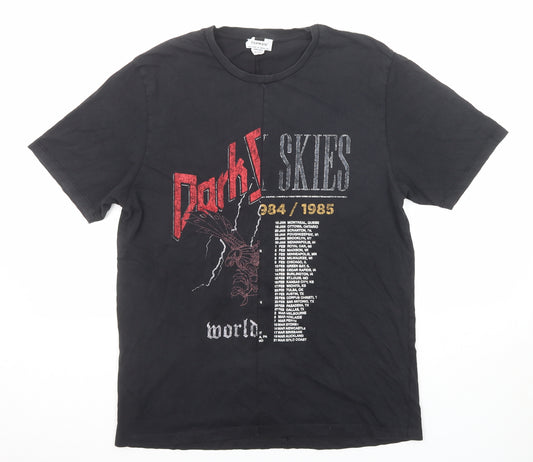 Topman Mens Black Cotton T-Shirt Size L Round Neck - Dark Skies