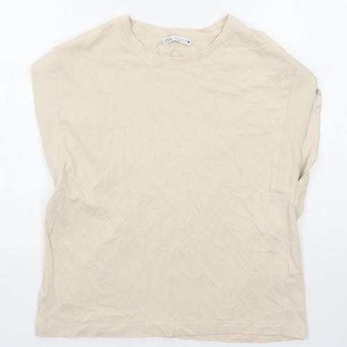 Zara Womens Beige Cotton Basic T-Shirt Size S Round Neck