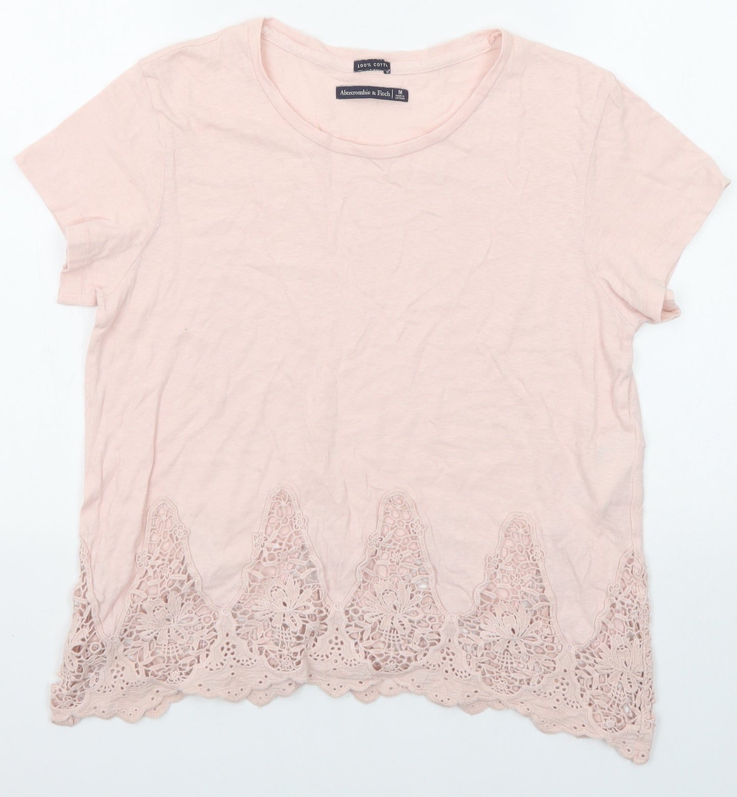 Abercrombie & Fitch Womens Pink Cotton Basic T-Shirt Size M Round Neck - Crochet Detail
