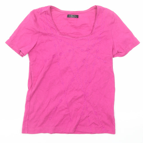 Bonmarché Womens Pink Geometric Cotton Basic Blouse Size S Round Neck