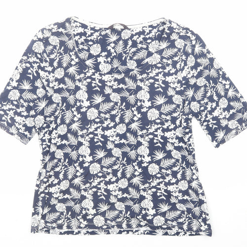 Marks and Spencer Womens Blue Floral Cotton Basic T-Shirt Size 14 Boat Neck