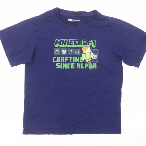 Uniqlo Boys Blue Cotton Basic T-Shirt Size 9-10 Years Round Neck Pullover - Minecraft