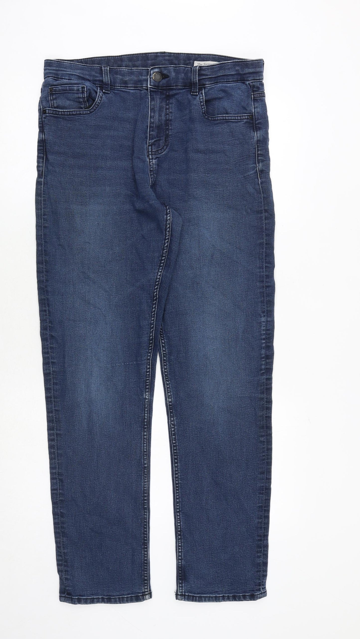 Marks and Spencer Womens Blue Cotton Straight Jeans Size 14 Regular Zip
