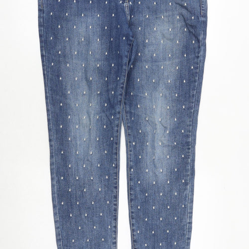 NEXT Womens Blue Geometric Cotton Skinny Jeans Size 14 Relaxed Zip - Star Pattern