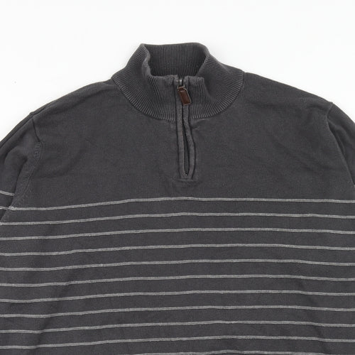 Kensington Mens Grey High Neck Striped Cotton Pullover Jumper Size L Long Sleeve