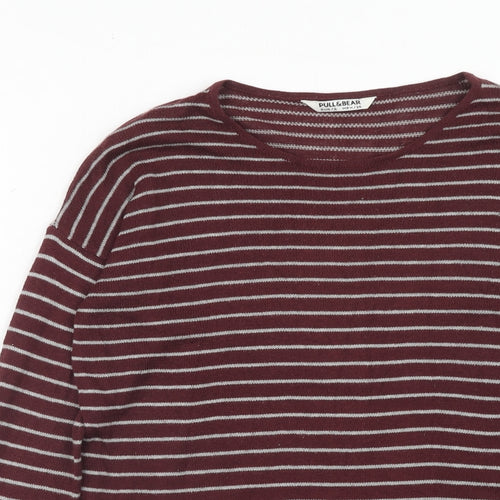 Pull&Bear Womens Red Round Neck Striped Acrylic Pullover Jumper Size S
