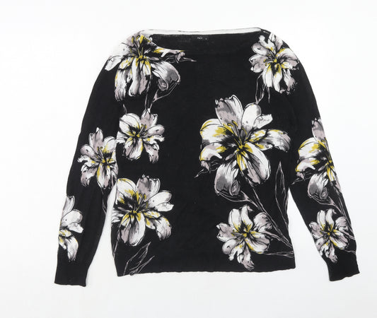 M&Co Womens Black Boat Neck Floral Viscose Pullover Jumper Size 14