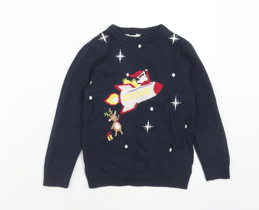 M&Co Boys Blue Round Neck Cotton Pullover Jumper Size 5-6 Years Pullover - Santa Claus Rocket Christmas