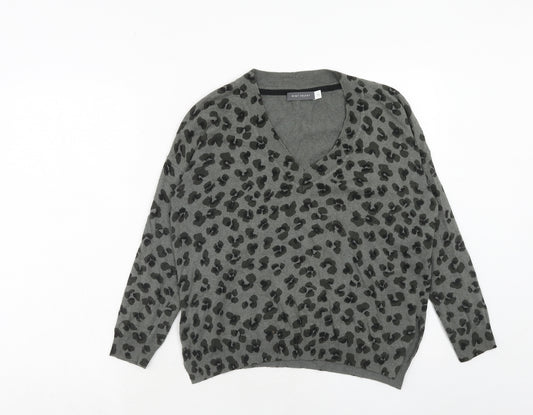 Mint Velvet Womens Grey V-Neck Animal Print Cotton Pullover Jumper Size XS - Leopard Pattern