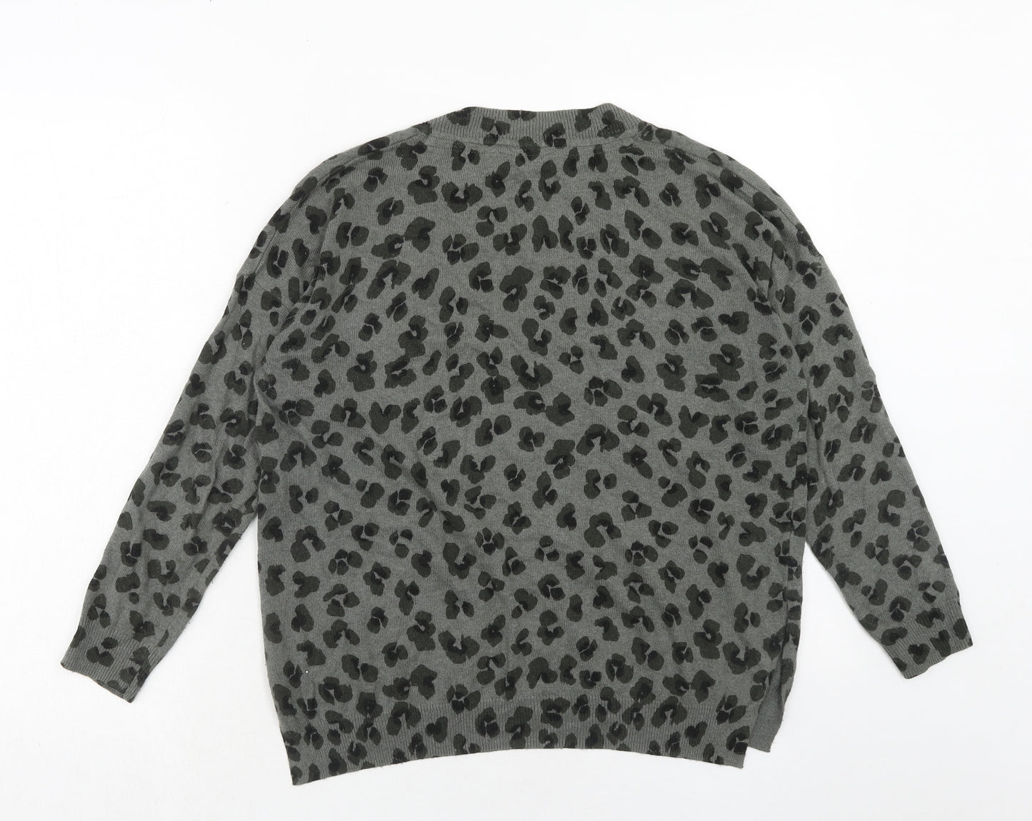 Mint Velvet Womens Grey V-Neck Animal Print Cotton Pullover Jumper Size XS - Leopard Pattern