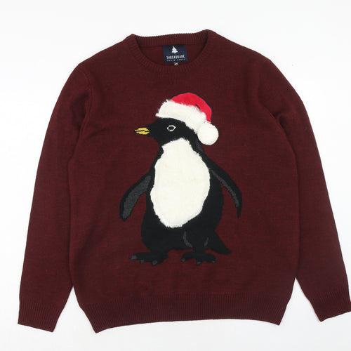 Threadbare Mens Red Round Neck Acrylic Pullover Jumper Size XL Long Sleeve - Penguin Christmas