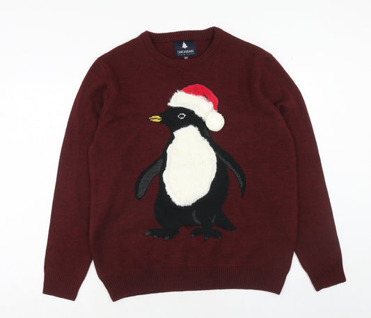 Threadbare Mens Red Round Neck Acrylic Pullover Jumper Size XL Long Sleeve - Penguin Christmas