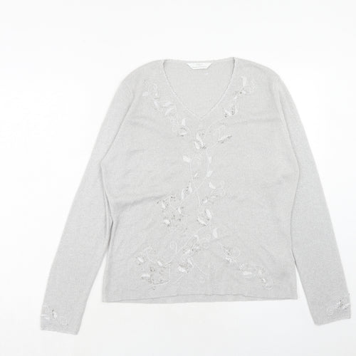 Marks and Spencer Womens Silver V-Neck Acrylic Pullover Jumper Size 14