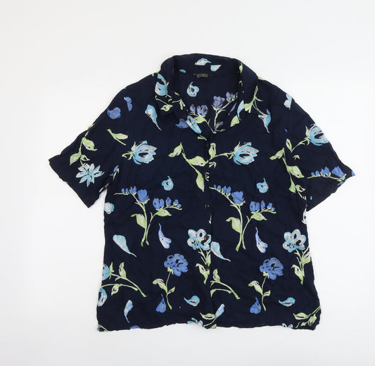 Debenhams Womens Blue Floral Viscose Basic Button-Up Size 16 Collared