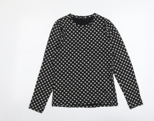 Marks and Spencer Womens Black Geometric Cotton Basic T-Shirt Size 10 Boat Neck