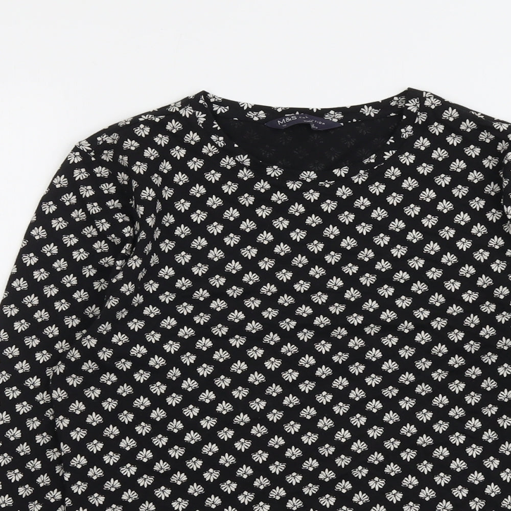 Marks and Spencer Womens Black Geometric Cotton Basic T-Shirt Size 10 Boat Neck