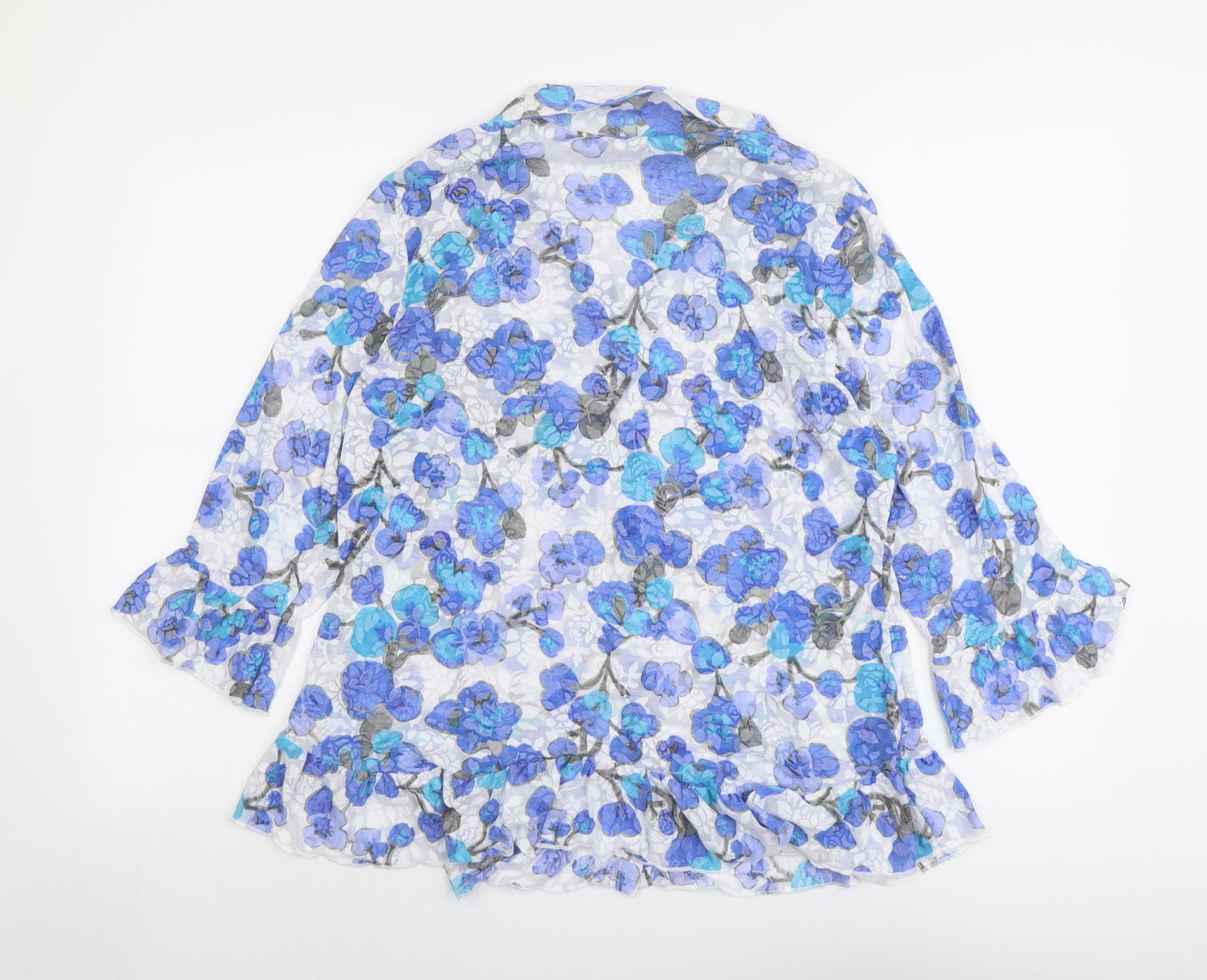 Per Una Womens Blue Floral Polyester Basic Button-Up Size 18 Collared - Ruffle Sleeve