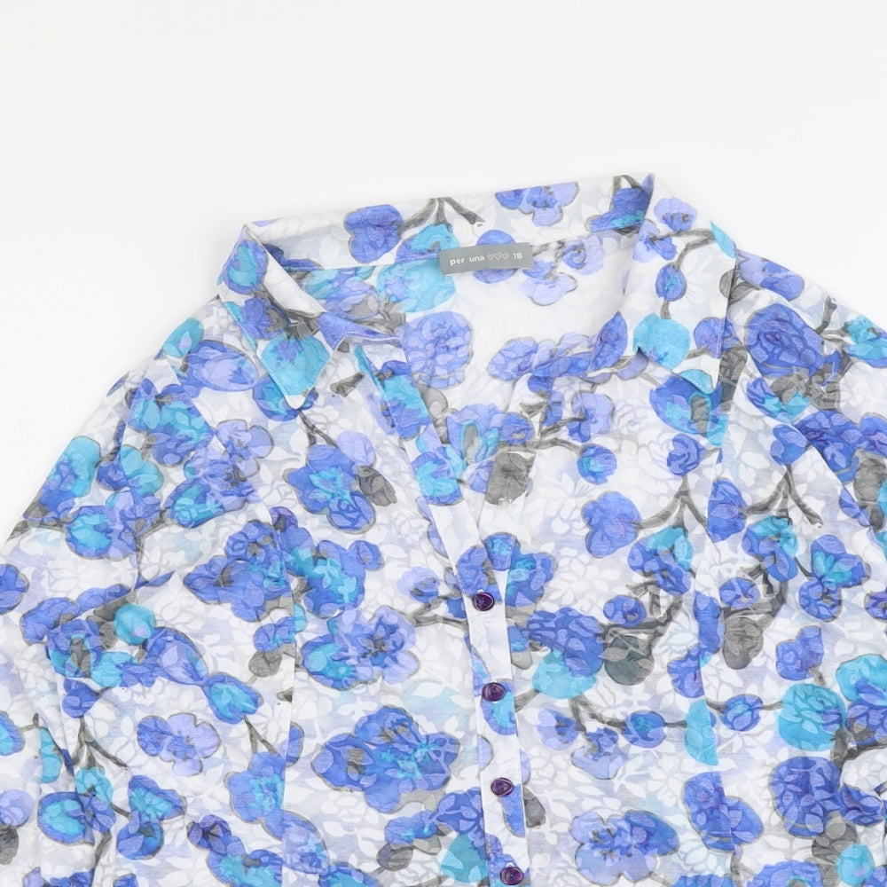 Per Una Womens Blue Floral Polyester Basic Button-Up Size 18 Collared - Ruffle Sleeve