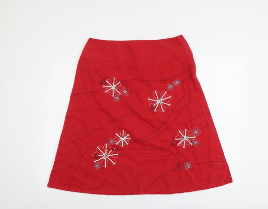 NEXT Womens Red Geometric Linen A-Line Skirt Size 14 Zip