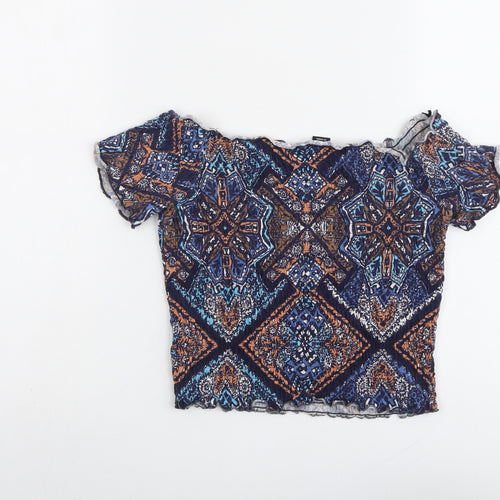 Monki Womens Blue Geometric Cotton Cropped Blouse Size S Off the Shoulder - Shirred