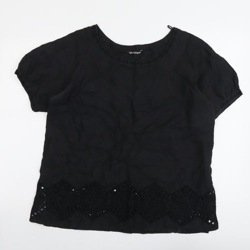 Marks and Spencer Womens Black Linen Basic Blouse Size 18 Boat Neck - Broderie Anglaise Details