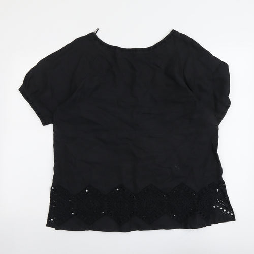 Marks and Spencer Womens Black Linen Basic Blouse Size 18 Boat Neck - Broderie Anglaise Details