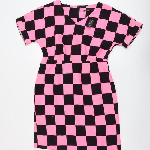 Collection London Womens Pink Check Viscose A-Line Size 14 V-Neck Zip