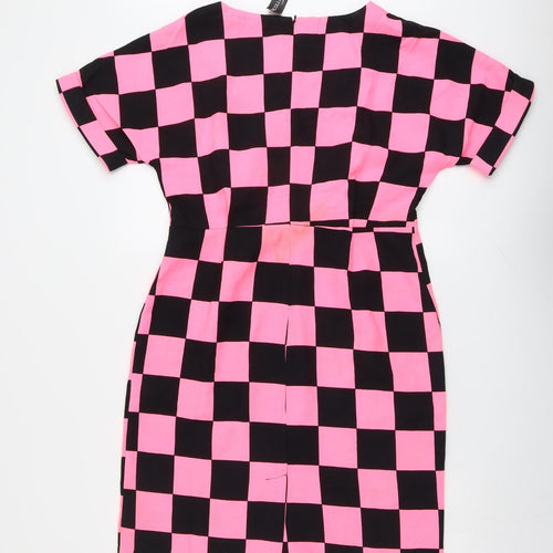 Collection London Womens Pink Check Viscose A-Line Size 14 V-Neck Zip