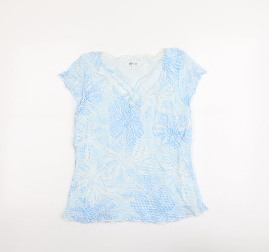 M&Co Womens Blue Geometric Viscose Basic T-Shirt Size 14 V-Neck